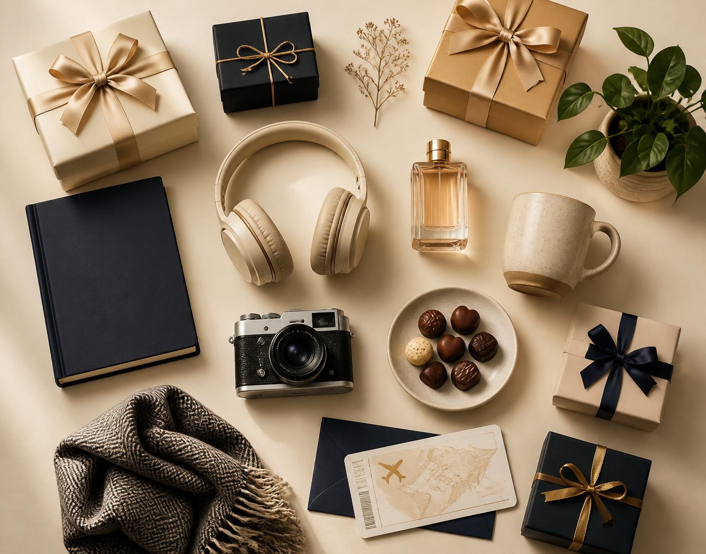 Composición de regalos de distintas categorías: cajas, auriculares, libro, perfume, cerámica y una experiencia de viaje